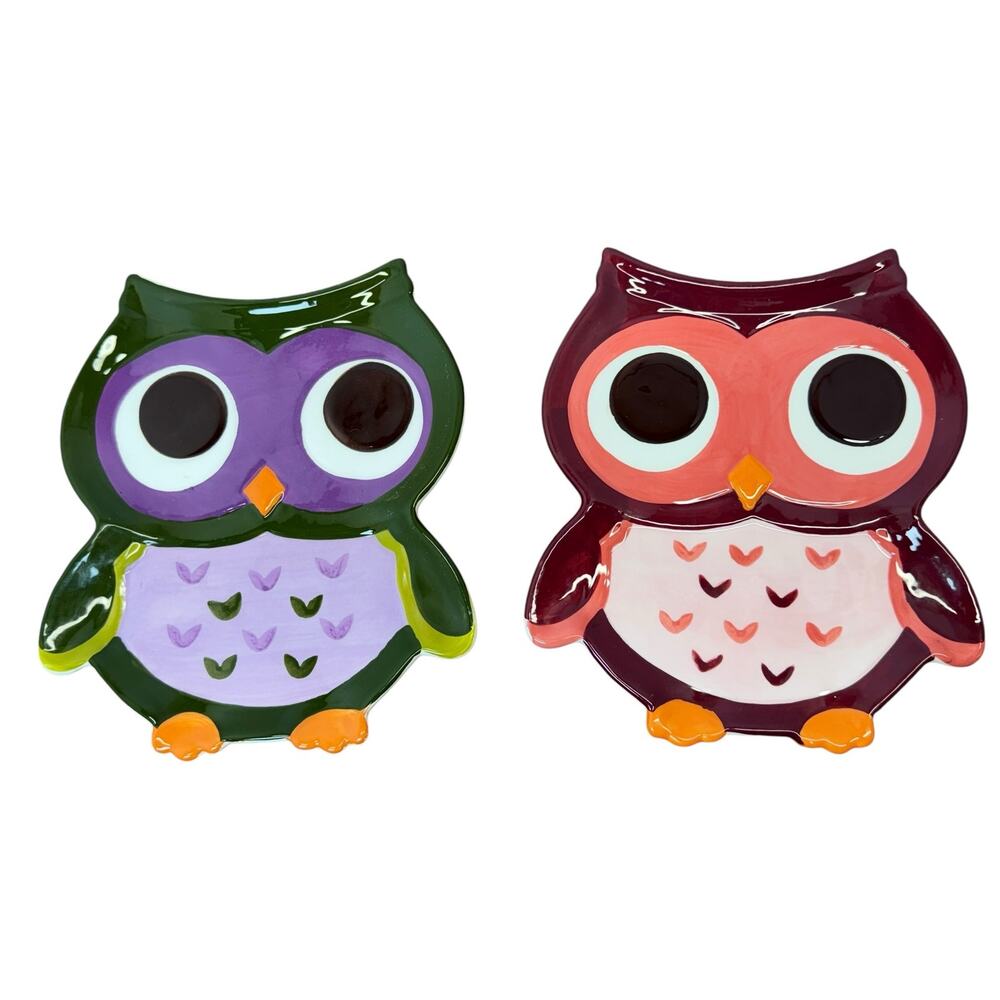Owl Snack Plates By Mesa Rare Purple And One Coral Pink Brown Farmhouse Fall